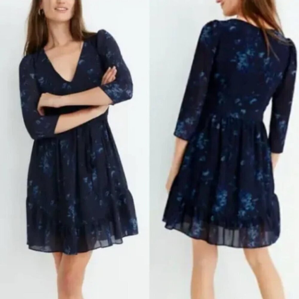 Madewell Blue Tonal Botanical Floral Sheer-Sleeve V-Neck Ruffle Mini Dress NWT